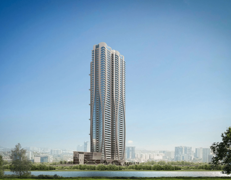 Luxury residential apartment tower Navanami Megaleio at TSPA Appa Junction Hyderabad with waterfront landscaping