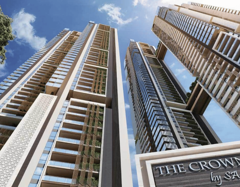 Modern luxury apartment towers The Crown by SAS in Kokapet Hyderabad with green amenity spaces